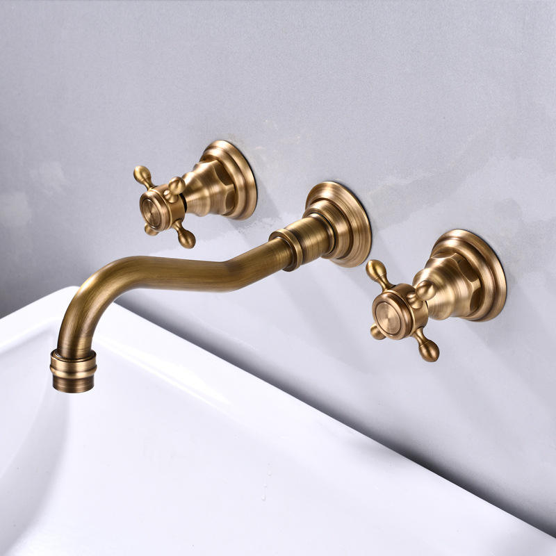 Three-hole Electroplated Matte Brass Wall-mounted Bathroom Faucet